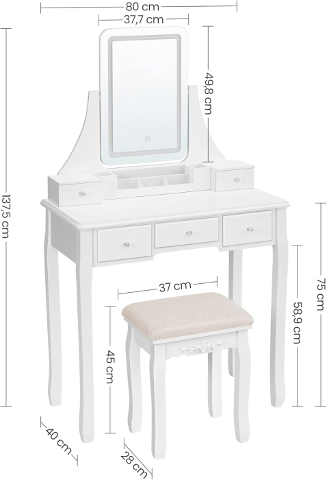 VASAGLE Masa de toaleta cu taburet, oglinda rotativa 360°, iluminare LED reglabila, 80x40x138 cm, alb [6]