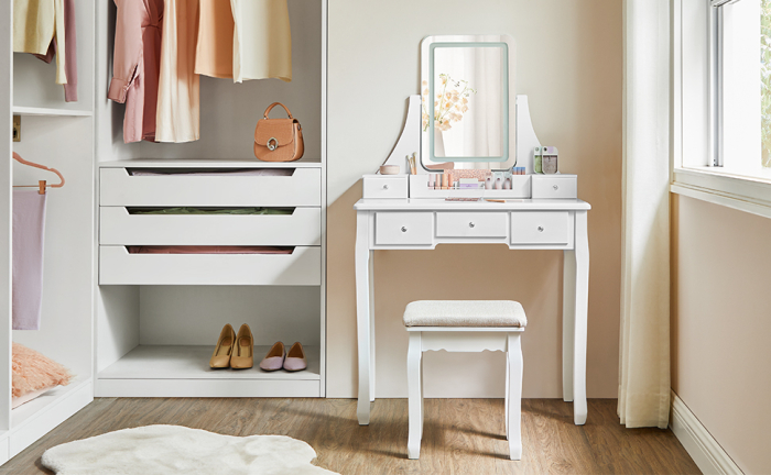 VASAGLE Masa de toaleta cu taburet, oglinda rotativa 360°, iluminare LED reglabila, 80x40x138 cm, alb [11]