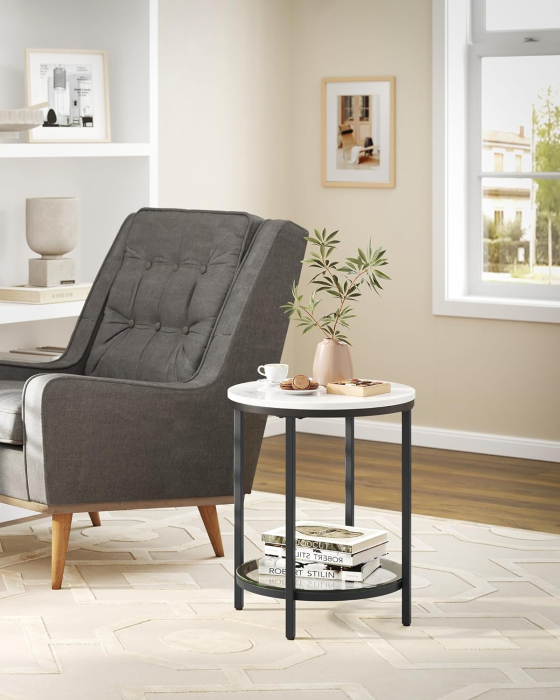 VASAGLE Masa rotunda, cu cadru de otel, noptiera, 45x55cm, negru cu blat alb aspect marmura [8]