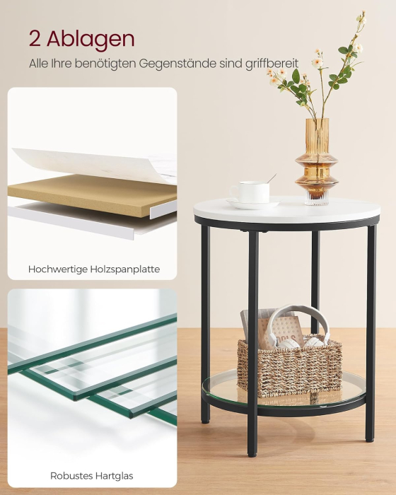 VASAGLE Masa rotunda, cu cadru de otel, noptiera, 45x55cm, negru cu blat alb aspect marmura [5]