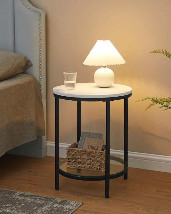 VASAGLE Masa rotunda, cu cadru de otel, noptiera, 45x55cm, negru cu blat alb aspect marmura [7]