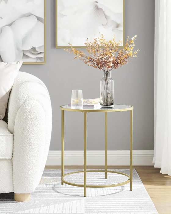 VASAGLE Masa rotunda, din sticla securizata cu cadru de otel, noptiera, 50x50x55cm, auriu [2]