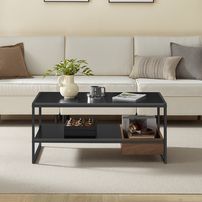 VASAGLE Masuta cafea cu sertar si raft inferior, structura otel, 100x55x45 cm, negru [3]