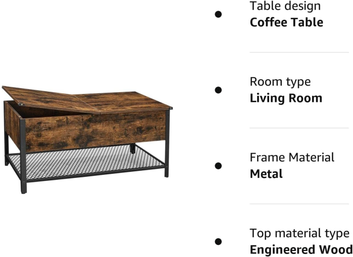 VASAGLE Masuta de cafea cu capac rabatabil, compartiment depozitare ascuns si raft plasa, industrial, 100x55x47cm, maro rustic si negru [10]