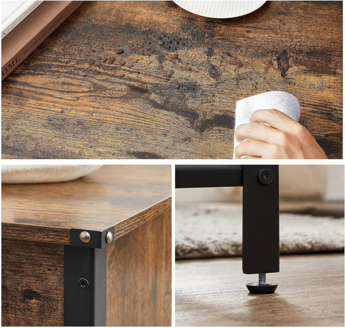 VASAGLE Masuta de cafea cu capac rabatabil, compartiment depozitare ascuns si raft plasa, industrial, 100x55x47cm, maro rustic si negru [9]