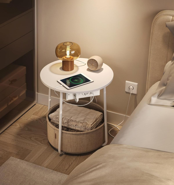 VASAGLE Masuta de cafea rotunda cu cos de stofa, statie de incarcare 2 prize si 2 USB, 45x50cm, alb [4]