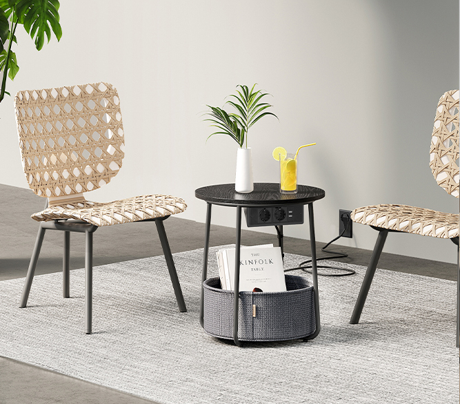 VASAGLE Masuta de cafea rotunda cu cos de stofa, statie de incarcare 2 prize si 2 USB, 45x50cm, negru [11]