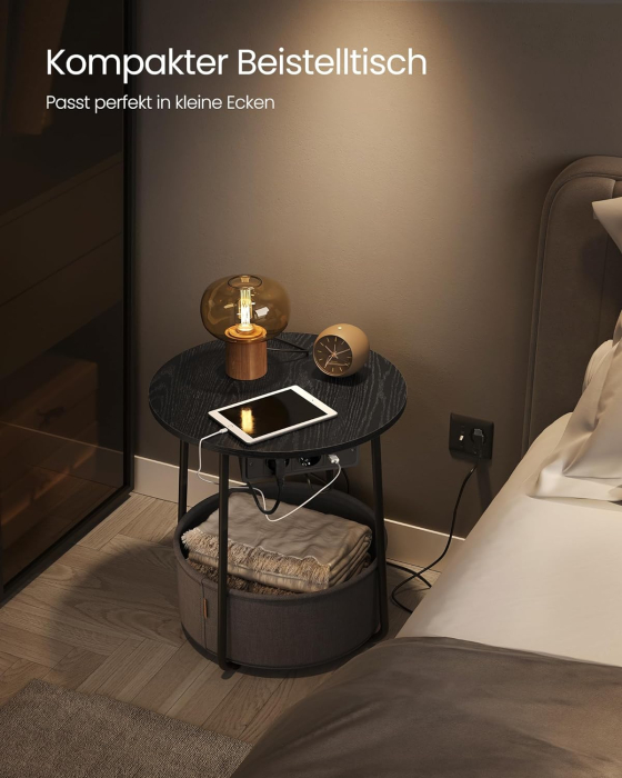 VASAGLE Masuta de cafea rotunda cu cos de stofa, statie de incarcare 2 prize si 2 USB, 45x50cm, negru [5]