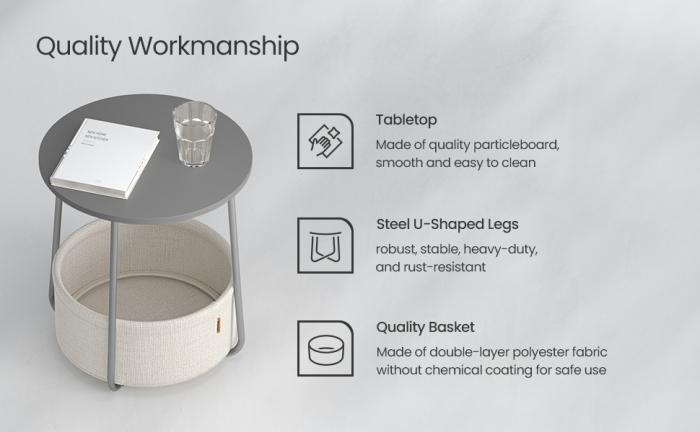 VASAGLE Masuta de cafea rotunda cu cos de stofa, stil modern, 45x50cm, gri [2]