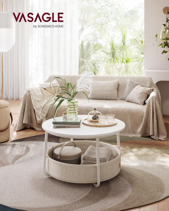 VASAGLE Masuta de cafea rotunda cu cos de stofa, stil modern, 45x75cm, alb cu bej [2]