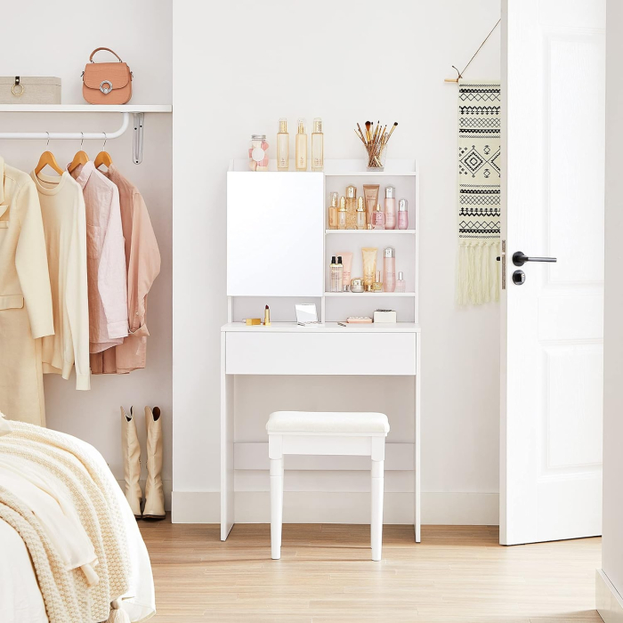 VASAGLE  Masuta de toaleta cu oglinda, rafturi reglabile si sertar pentru cosmetice, 70x40x136cm, alb [2]