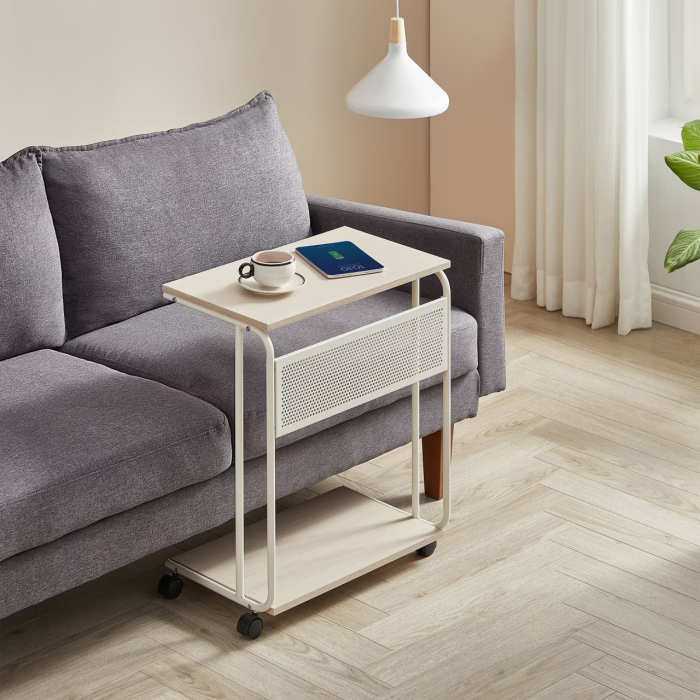 VASAGLE Masuta laterala laptop pe roti, 55x33x66 cm, stil industrial, crem [2]