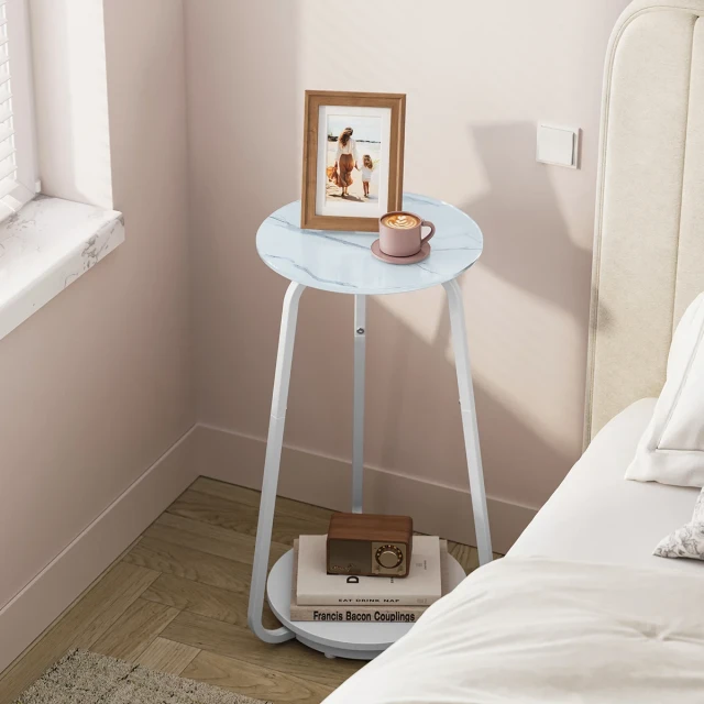 VASAGLE Masuta rotunda tip noptiera, blat din sticla si raft inferior din PAL, cadru metalic, 30x30x55 cm, alb [5]