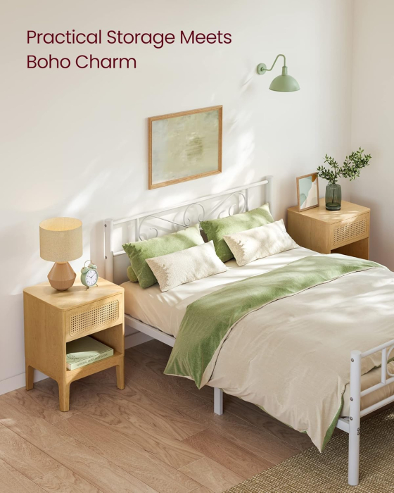 VASAGLE Noptiera 45x40x60 cm, cu sertar aspect ratan si raft, stil boho, PAL si MDF, natur [6]