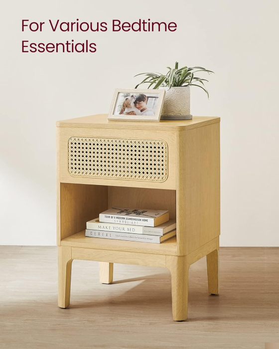 VASAGLE Noptiera 45x40x60 cm, cu sertar aspect ratan si raft, stil boho, PAL si MDF, natur [5]