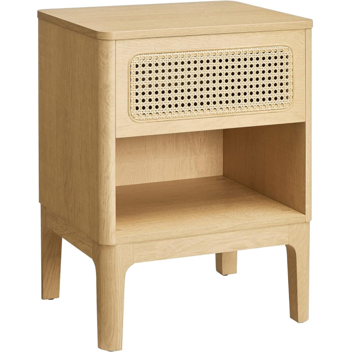 VASAGLE Noptiera 45x40x60 cm, cu sertar aspect ratan si raft, stil boho, PAL si MDF, natur [1]