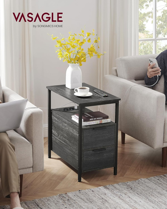 VASAGLE Noptiera 60x35x61 cm, cu 2 sertare, rafturi si priza incorporata, PAL si otel, gri antracit si negru [3]