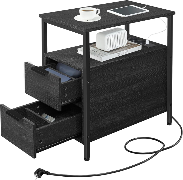 VASAGLE Noptiera 60x35x61 cm, cu 2 sertare, rafturi si priza incorporata, PAL si otel, gri antracit si negru [2]