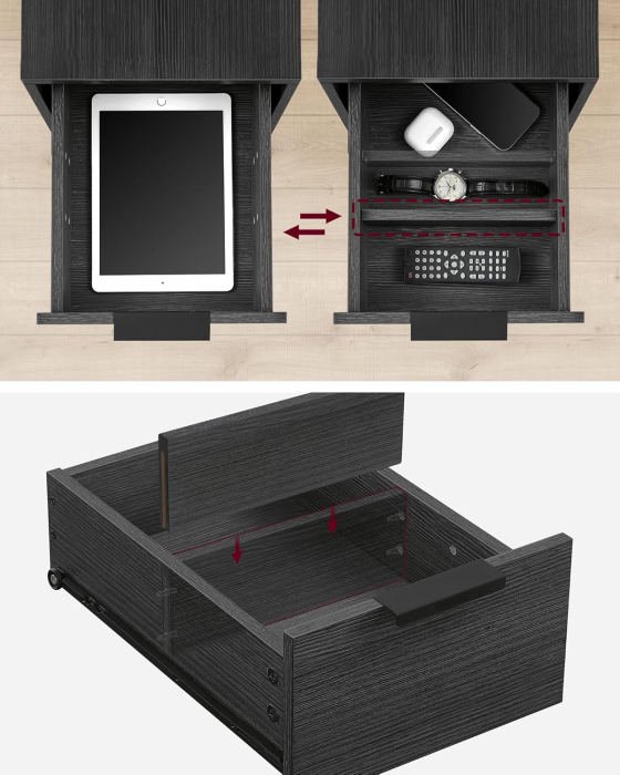 VASAGLE Noptiera 60x35x61 cm, cu 2 sertare, rafturi si priza incorporata, PAL si otel, gri antracit si negru [9]