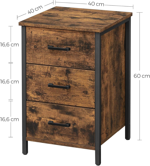VASAGLE Noptiera cu 3 sertare pentru dormitor, design industrial, 40x40x60cm, maro rustic [3]