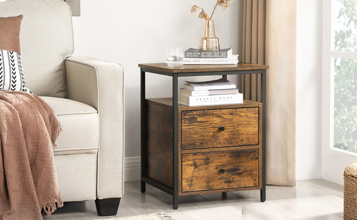 VASAGLE Noptiera cu compartiment deschis, 2 sertare, stil industrial, 45x45x60cm, maro rustic si negru [2]