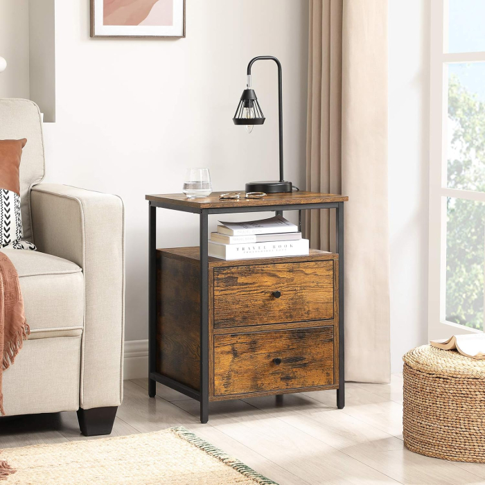 VASAGLE Noptiera cu compartiment deschis, 2 sertare, stil industrial, 45x45x60cm, maro rustic si negru [7]