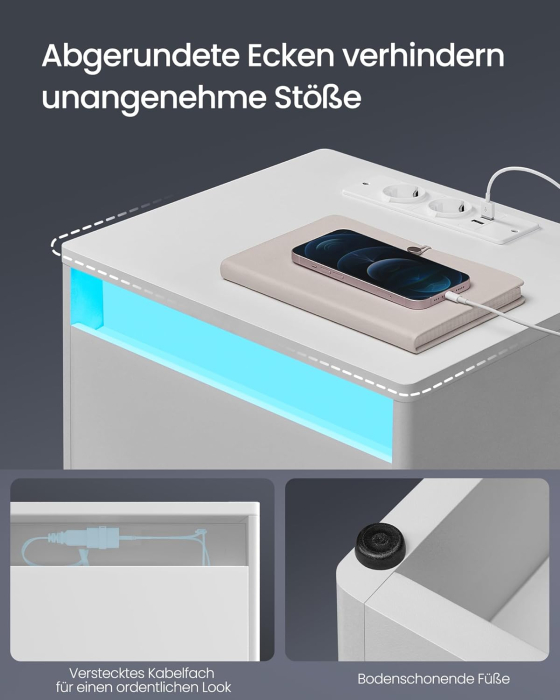 VASAGLE noptiera cu iluminare LED reglabila, 35x40x55 cm, 2 sertare, raft deschis, MDF si PAL, alb [7]