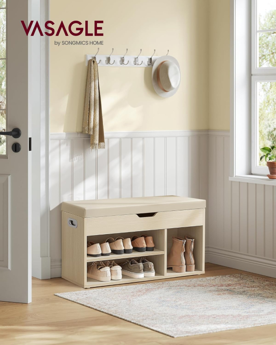 VASAGLE Pantofar cu banca, capitonata, 3 compartimente, sarcina 150 kg, 30x80x44cm, modern, bej [2]