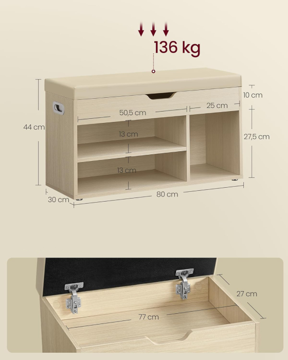 VASAGLE Pantofar cu banca, capitonata, 3 compartimente, sarcina 150 kg, 30x80x44cm, modern, bej [3]