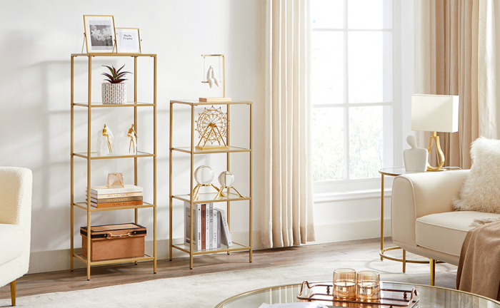 VASAGLE Raft cu trepte pentru dormitor, 5 etaje, din sticla securizata, cadru din otel, 30x124x40cm, auriu [9]