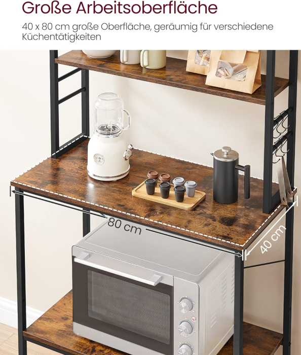 VASAGLE Raft de bucatarie cu spatiu pentru cuptorul cu microunde, 6 rafturi, otel, industrial, 40x80x167cm, maro retro si negru [7]