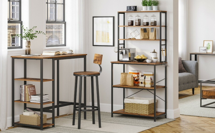 VASAGLE Raft de bucatarie cu spatiu pentru cuptorul cu microunde, 6 rafturi, otel, industrial, 40x80x167cm, maro retro si negru [12]