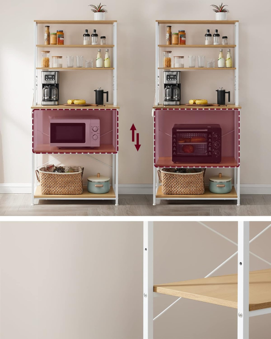 VASAGLE Raft de bucatarie cu spatiu pentru cuptorul cu microunde, 6 rafturi, otel, industrial, 40x80x167cm, maro stejar si alb [7]