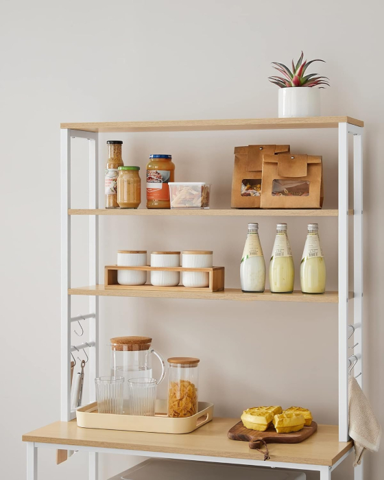 VASAGLE Raft de bucatarie cu spatiu pentru cuptorul cu microunde, 6 rafturi, otel, industrial, 40x80x167cm, maro stejar si alb [4]