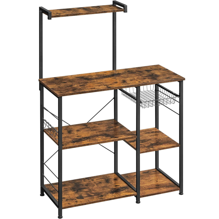 VASAGLE Raft de bucatarie, suport pentru cuptorul cu microunde, cos de sarma, 6 carlige S, 39x90x132cm, maro rustic [1]