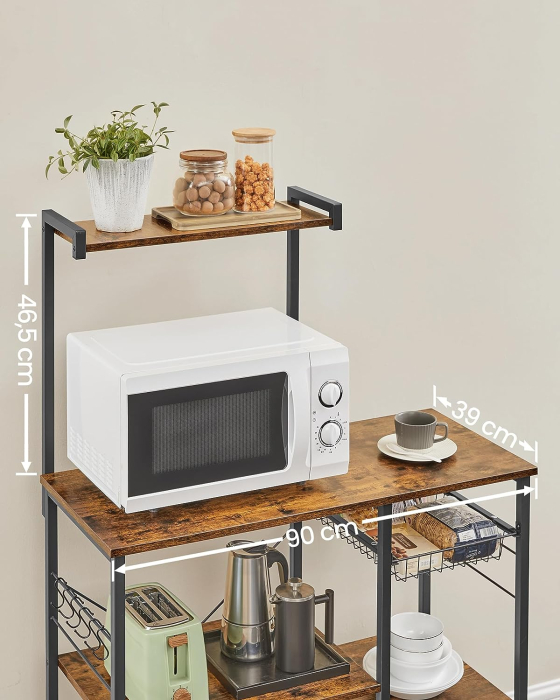 VASAGLE Raft de bucatarie, suport pentru cuptorul cu microunde, cos de sarma, 6 carlige S, 39x90x132cm, maro rustic [5]