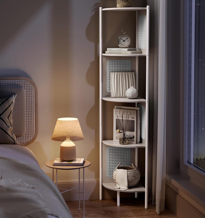 VASAGLE Raft de colt boho, cadru metalic, polite MDF si panouri poliratan, 32x32x156cm, alb [4]