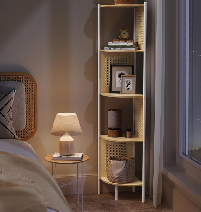 VASAGLE Raft de colt boho, cadru metalic, polite MDF si panouri poliratan, 32x32x156cm, bej [4]