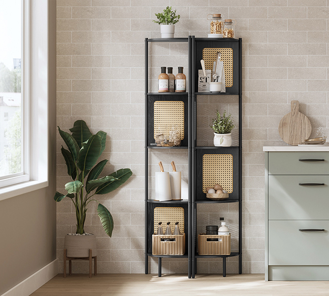 VASAGLE Raft de colt boho, cadru metalic, polite MDF si panouri poliratan, 32x32x156cm, negru [8]