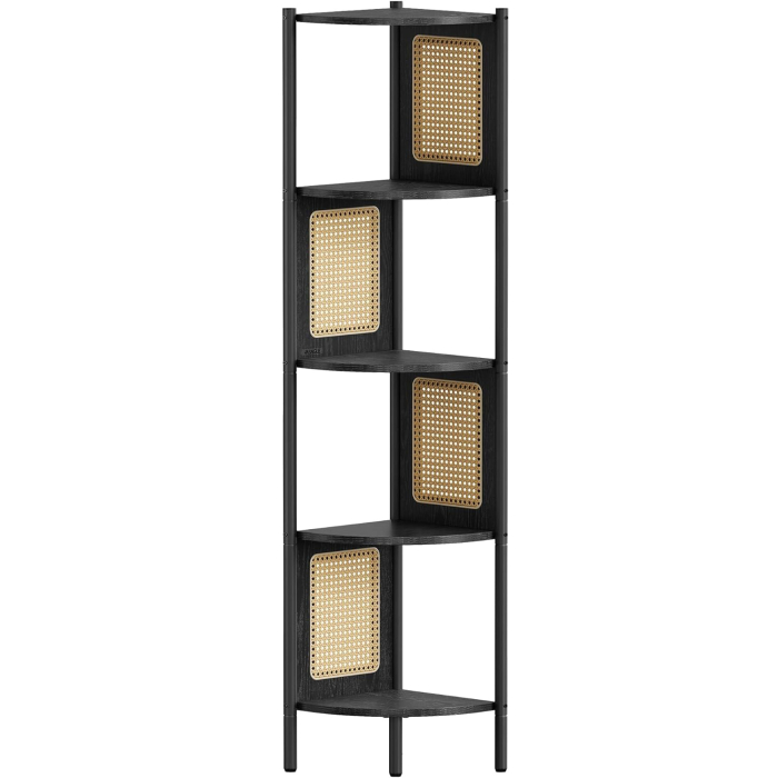 VASAGLE Raft de colt boho, cadru metalic, polite MDF si panouri poliratan, 32x32x156cm, negru [1]