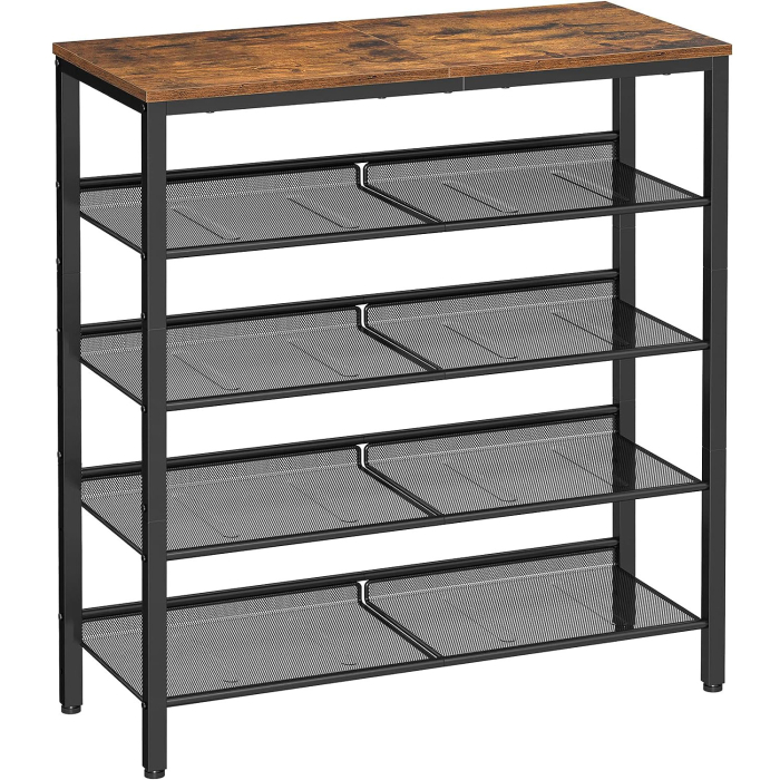 VASAGLE Raft de pantofi, 5 niveluri, rafturi reglabile din plasa, metal, stil industrial, 75x28x93cm, maro vintage negru [1]