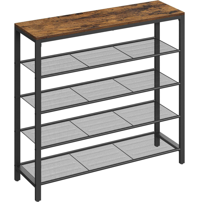 VASAGLE Raft de pantofi, cu 4 rafturi din plasa, cadru din otel, industrial, 30x100x92cm, maro rustic si negru [1]