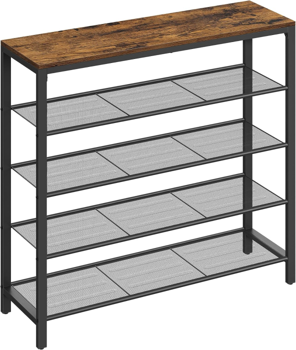 VASAGLE Raft de pantofi, cu 4 rafturi din plasa, cadru din otel, industrial, 30x100x92cm, maro rustic si negru [7]