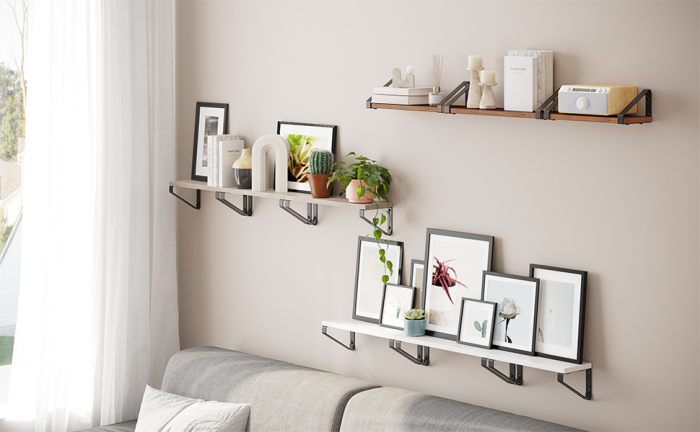 VASAGLE Raft de perete, set 3 bucati 30cm, 35cm si 40cm, 2 moduri de montare, maro rustic si negru [11]