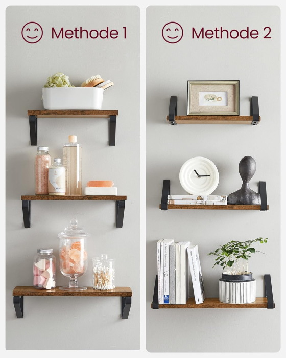 VASAGLE Raft de perete, set 3 bucati 30cm, 35cm si 40cm, 2 moduri de montare, maro rustic si negru [8]