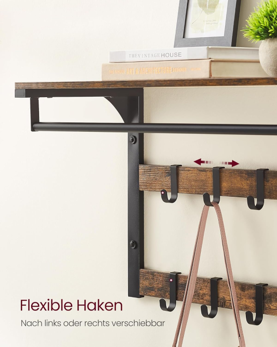 VASAGLE Raft de perete tip cuier, 10 carlige detasabile, sina pentru haine, 30x65x42cm, maro rustic si negru [13]