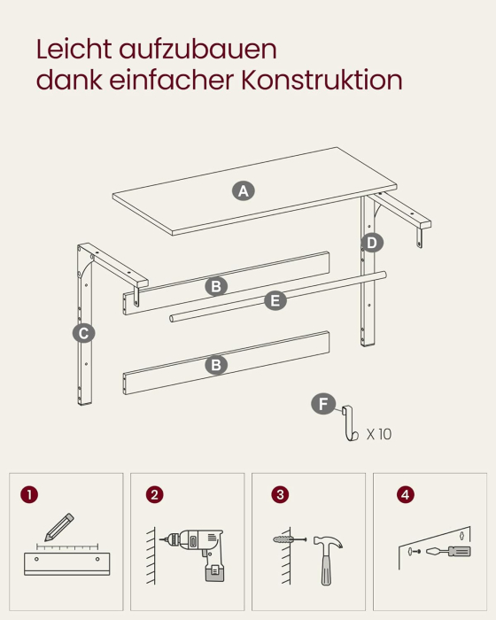 VASAGLE Raft de perete tip cuier, 10 carlige detasabile, sina pentru haine, 30x65x42cm, maro rustic si negru [14]