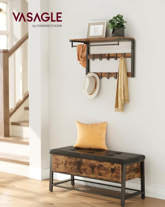 VASAGLE Raft de perete tip cuier, 10 carlige detasabile, sina pentru haine, 30x65x42cm, maro rustic si negru [10]