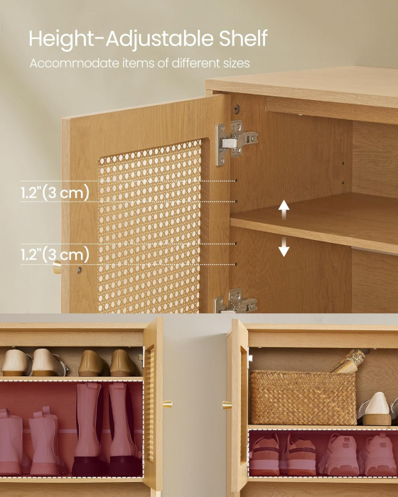 VASAGLE Raft pantofi 3 usi cu aspect ratan, cadru PAL si picioare metalice, stil boho, 80x35x70 cm, stejar bej [7]