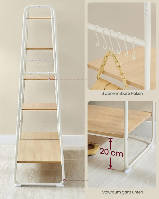 VASAGLE Raft pentru haine cu suport pentru pantofi, 5 polite, 6 carlige laterale, 45x120x160cm, alb [7]